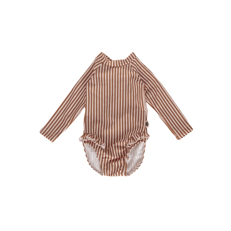 Long-Sleeved Swimsuit with Ruffles – Toasted Nut – Stripes