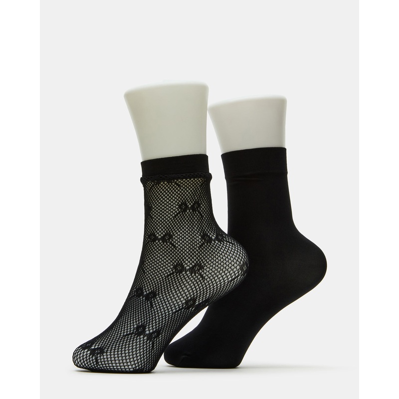 2 PACK BOW FISHNET ANKLET SOCKS BLACK