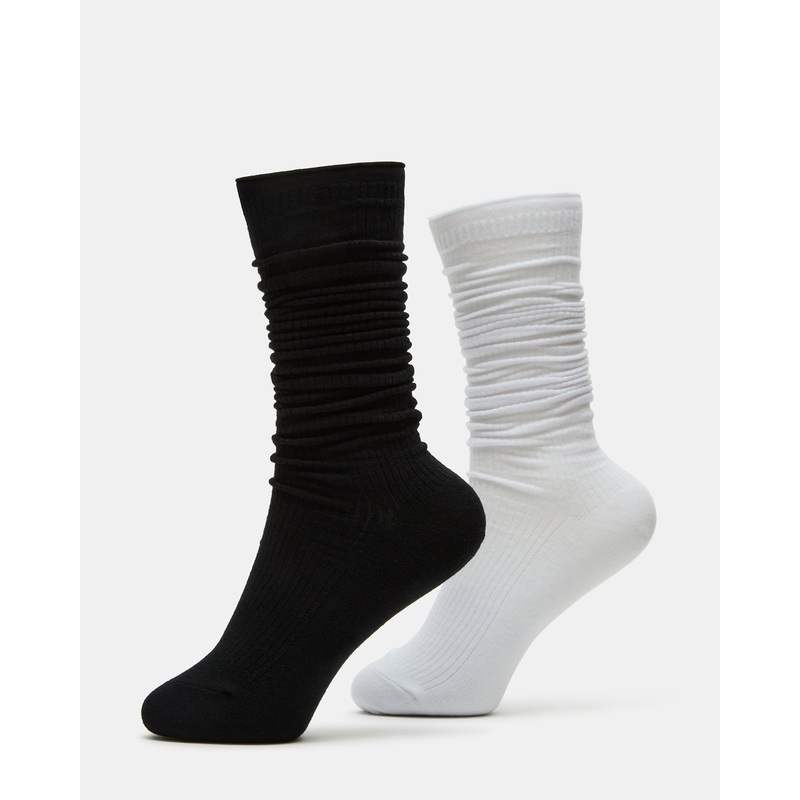 2 PACK SLOUCHY CREW SOCKS BLACK WHITE