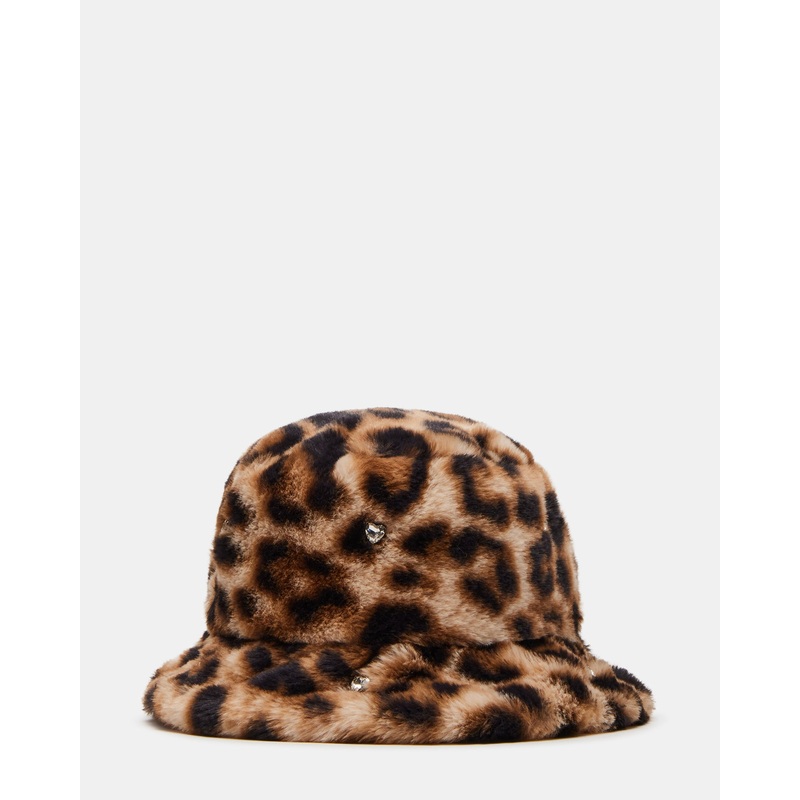 FAUX FUR BUCKET HAT LEOPARD RHINESTONES