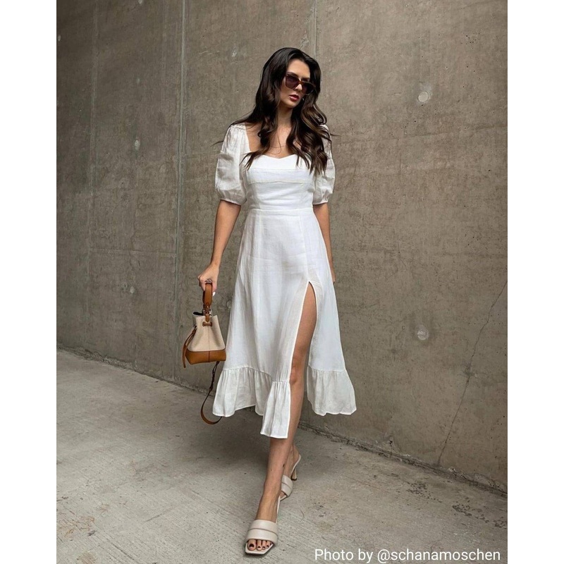 Puff Sleeve Split Hem Midi Dress