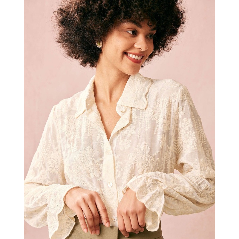 The Beige Lapel Embroidery Long Sleeve Blouse
