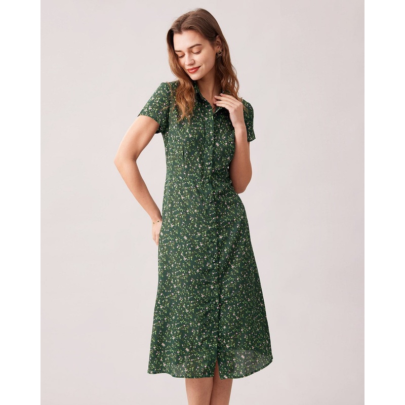 The Green Lapel Button Up Floral Midi Dress