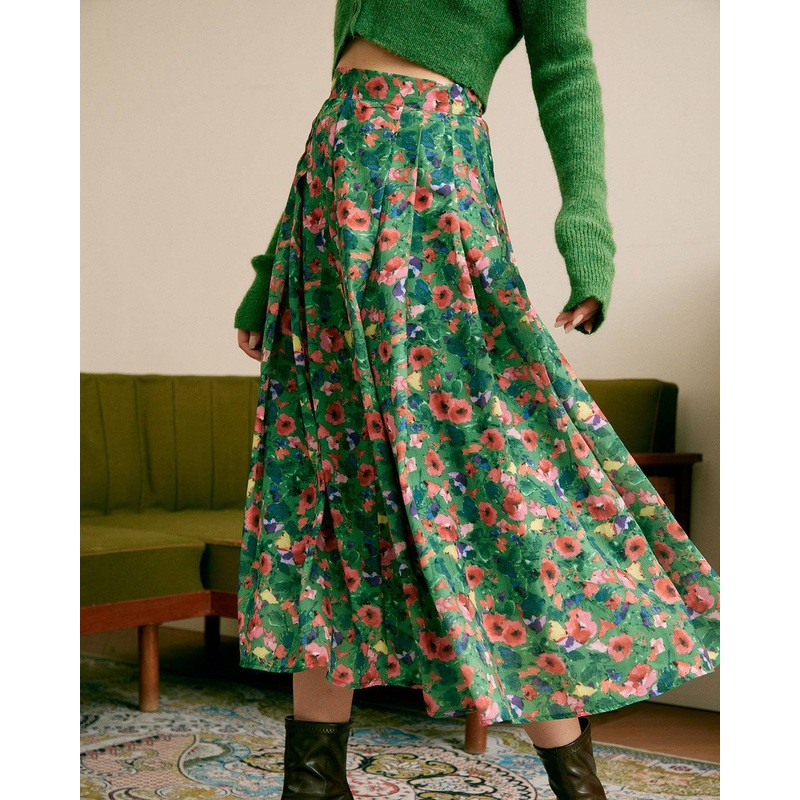 The Green Pleated Floral Skirt