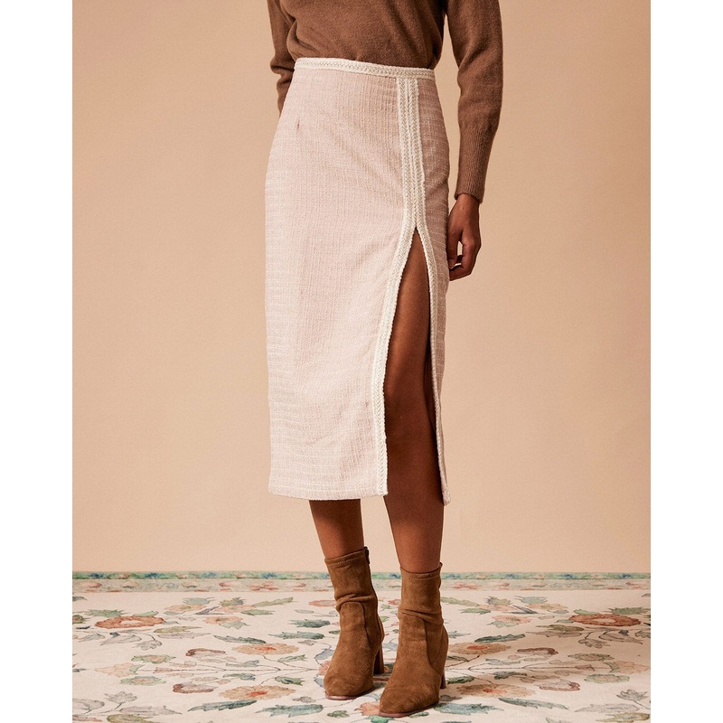 The High Waisted Side Slit Tweed Skirt