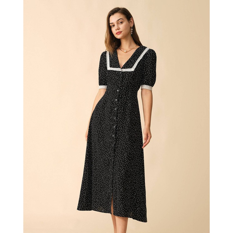 The Polka Dot Lace Trim Midi Dress