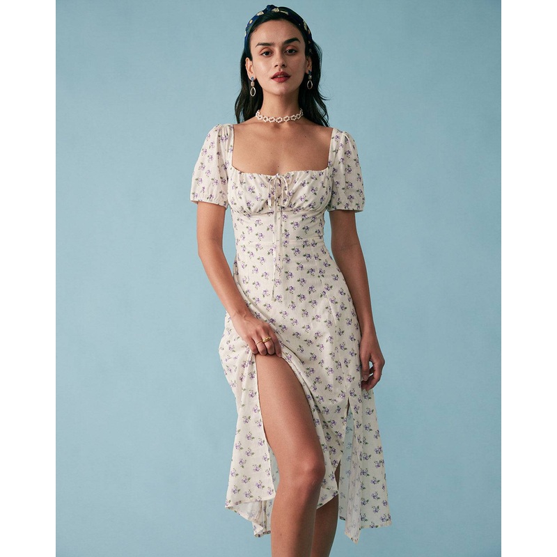 The Short Sleeve Floral Ruched Midi Dress