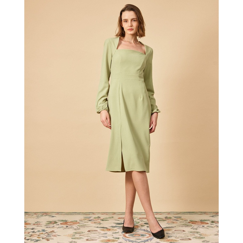 The Solid Square Neck Long Sleeve Dress