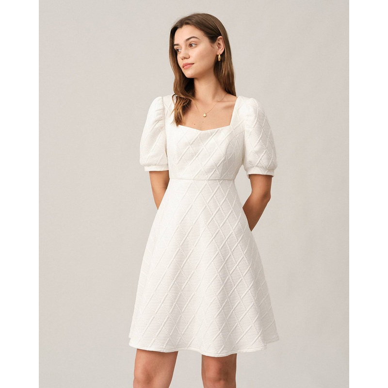 The Solid Textured Puff Sleeve Mini Dress