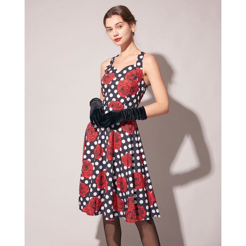 The Sweetheart Neck Polka Dot Rose Halter Midi Dress
