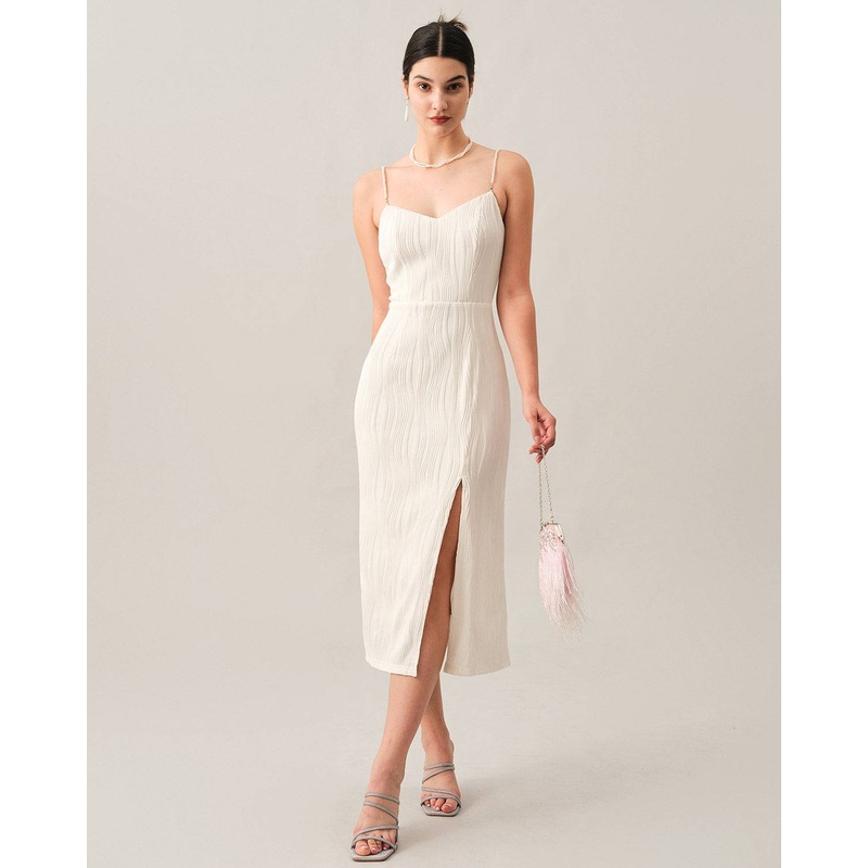 The Wave Textured Pearl Strap Midi Dress