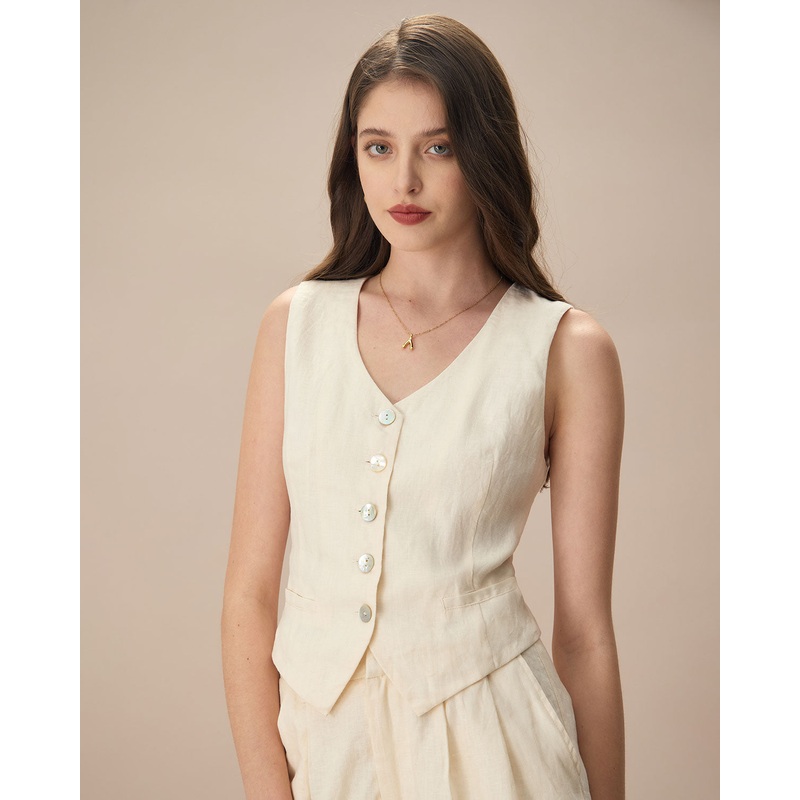 The Apricot V Neck Button-Up Linen Vest