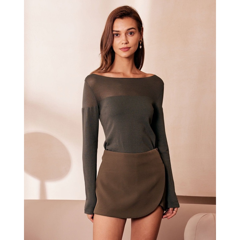The Army Green Boat Neck Sheer Knit Top