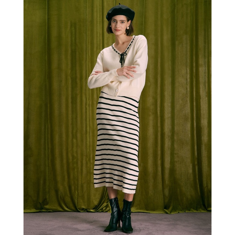 The Beige Elastic Waist Striped Knit Midi Skirt