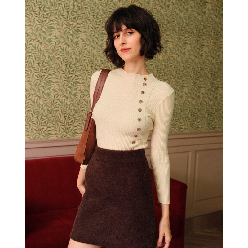 The Beige Mock Neck Ribbed Knit Top