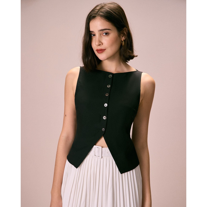 The Black Boat Neck Button Tank Top