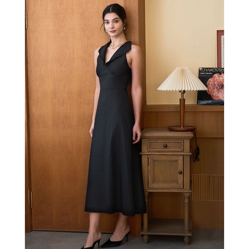 The Black Collared Frill Trim Linen Maxi Dress