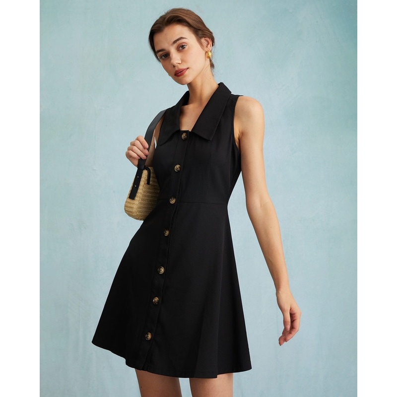 The Black Collared Sleeveless A Line Shirt Mini Dress