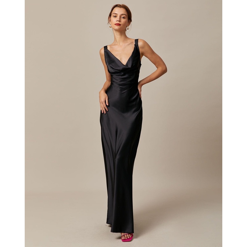 The Black Cowl Neck Sheath Satin Maxi Dress