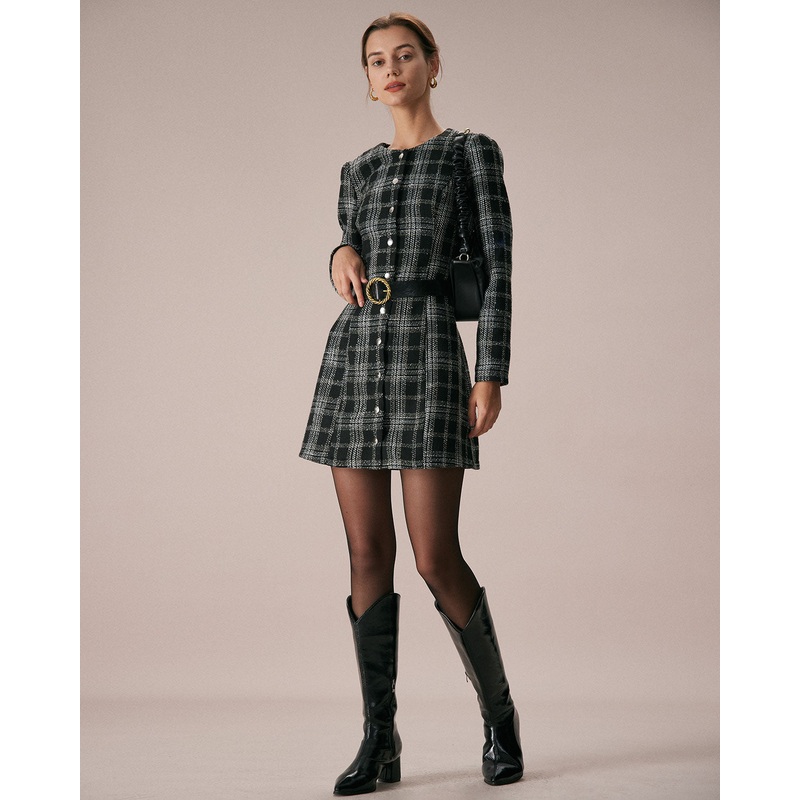 The Black Crew Neck Plaid A-Line Mini Dress