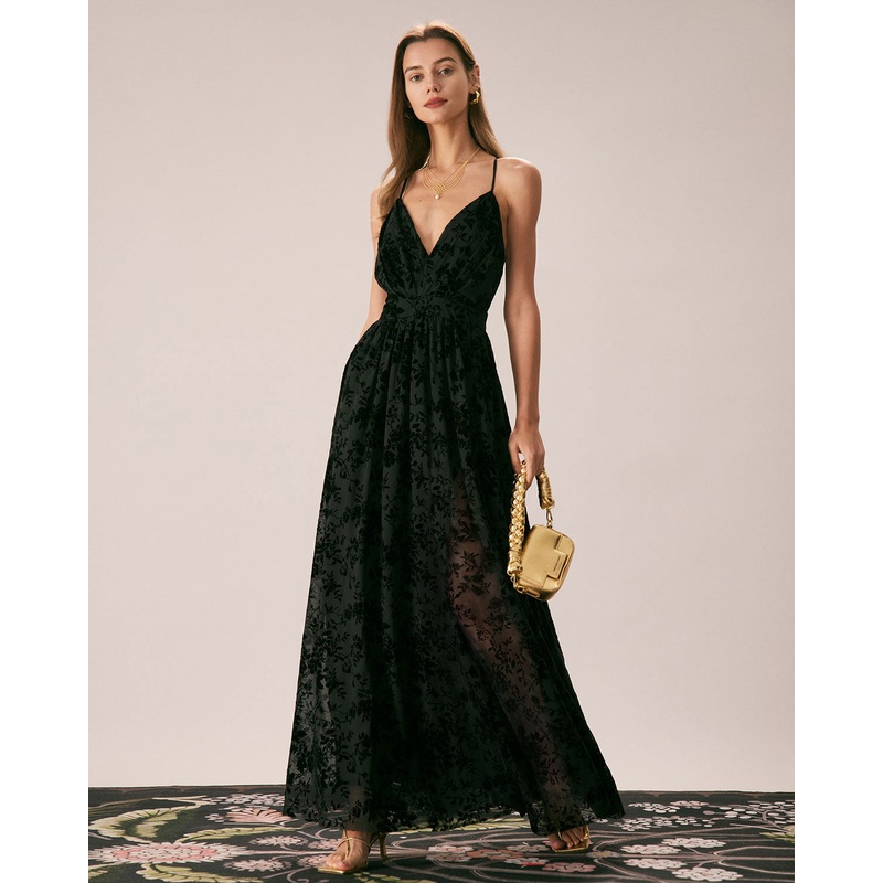 The Black Floral Flocked Mesh Slit Maxi Dress