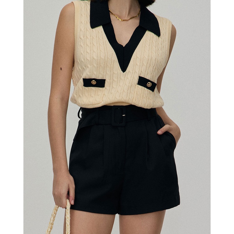 The Black High-waisted Pleated Belted Shorts