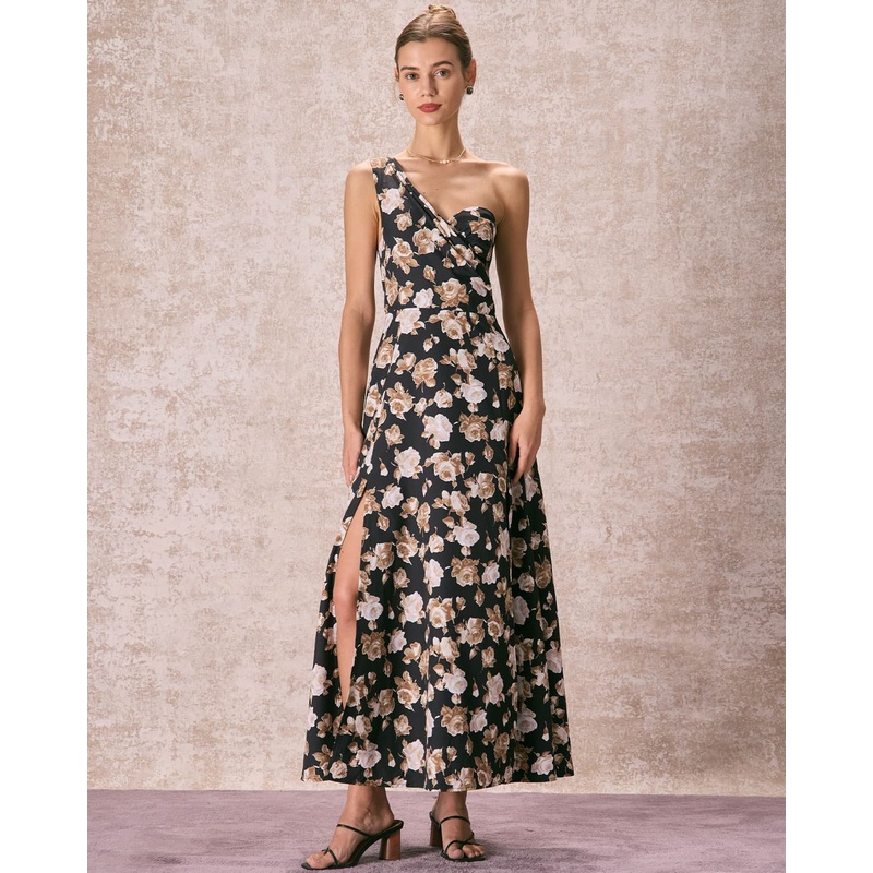 The Black One Shoulder Floral Maxi Dress