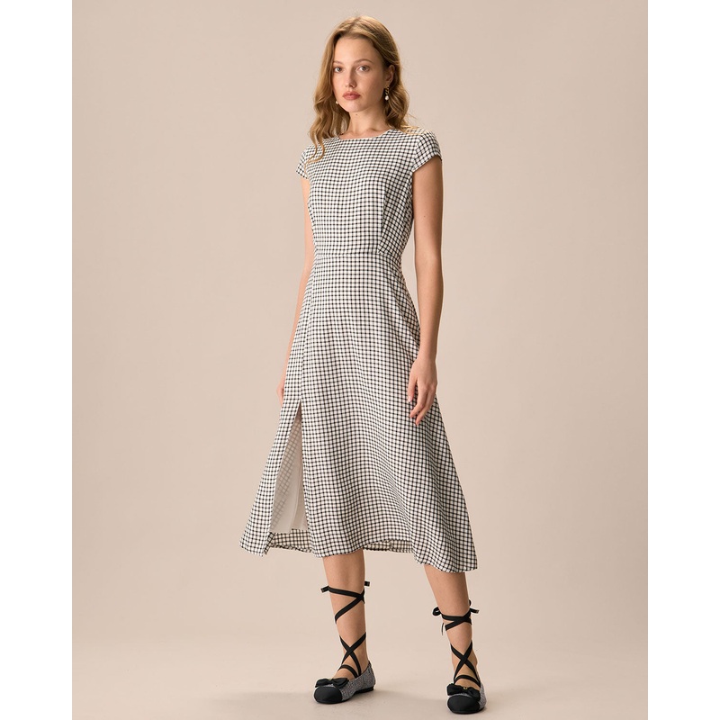 The Black Round Neck Cap Sleeve Plaid Midi Dress