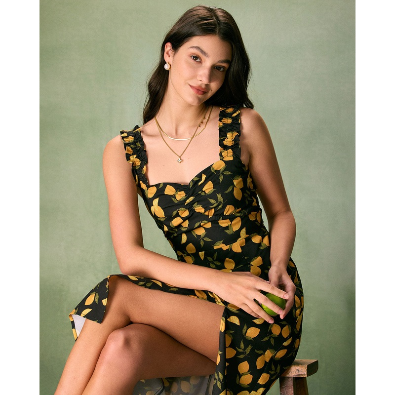 The Black Sweetheart Neck Lemon Midi Dress