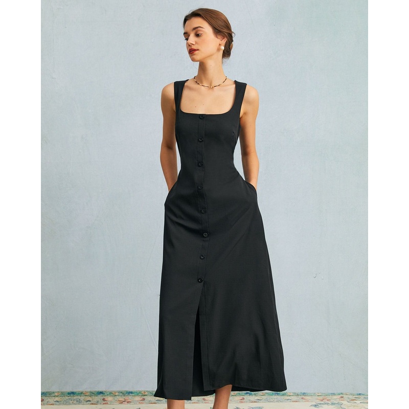 The Black U Neck Tie Back Sleeveless Maxi Dress