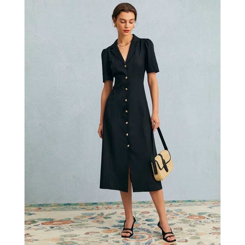 The Black V Neck Button Puff Sleeve Midi Dress