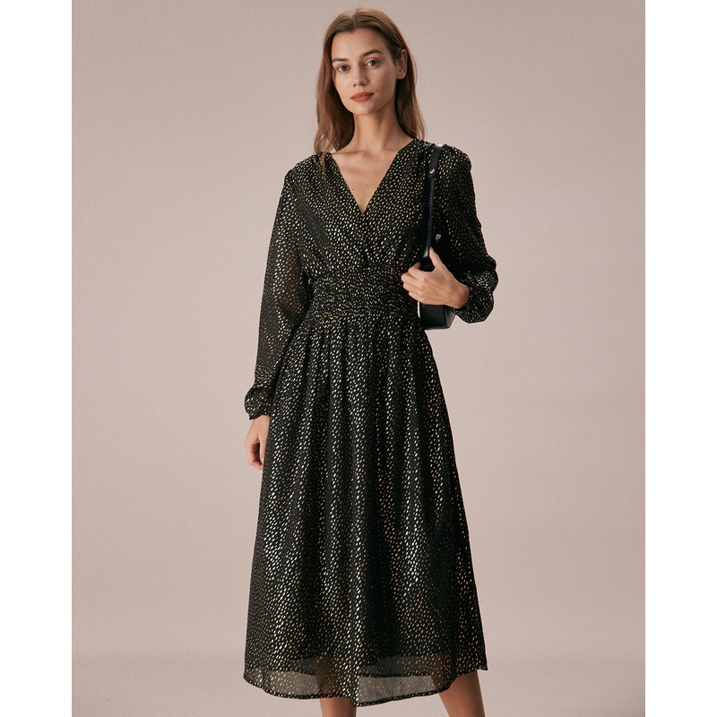 The Black V Neck Shirred Overlapping Midi Dress