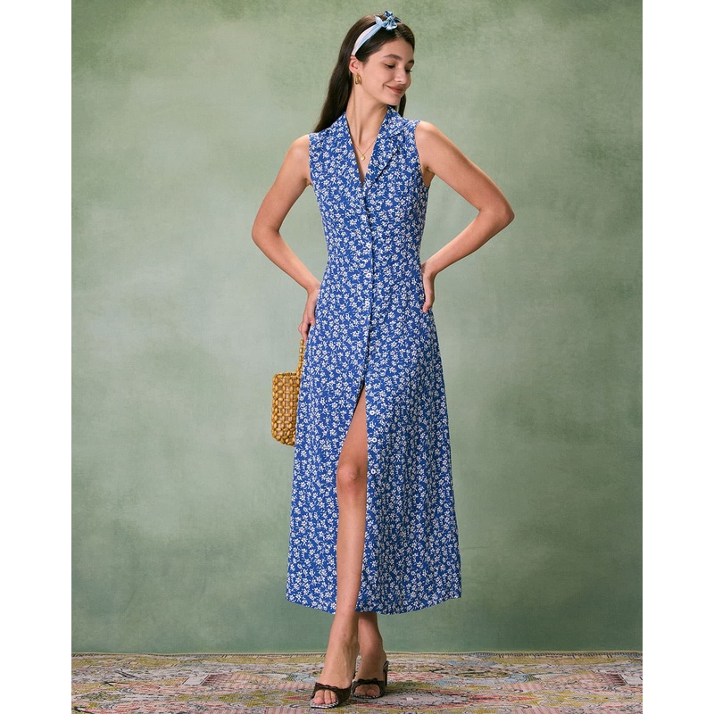 The Blue Collared Button-up Floral Maxi Dress