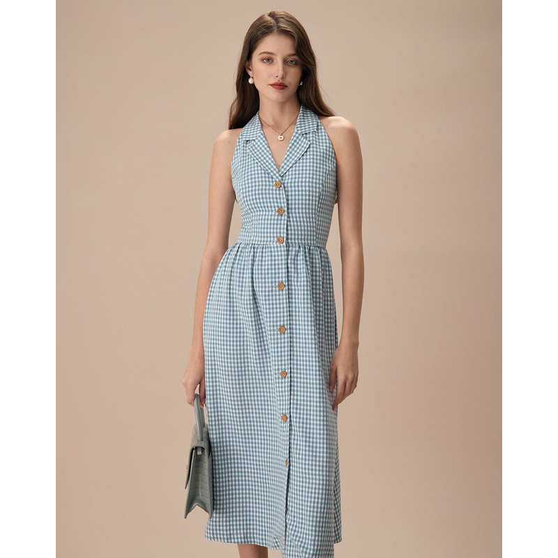 The Blue Lapel Plaid Sleeveless Shirt Midi Dress