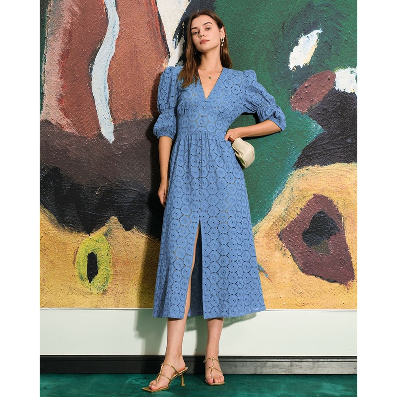 The Blue Puff Sleeve Cutout Slit Maxi Dress