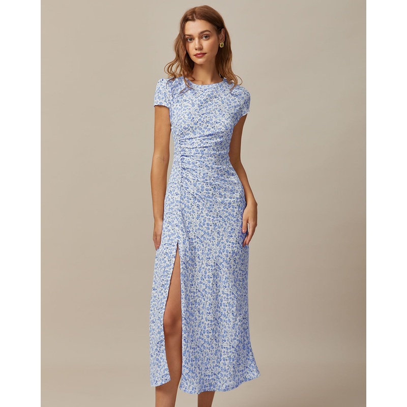 The Blue Round Neck Floral Slit Midi Dress