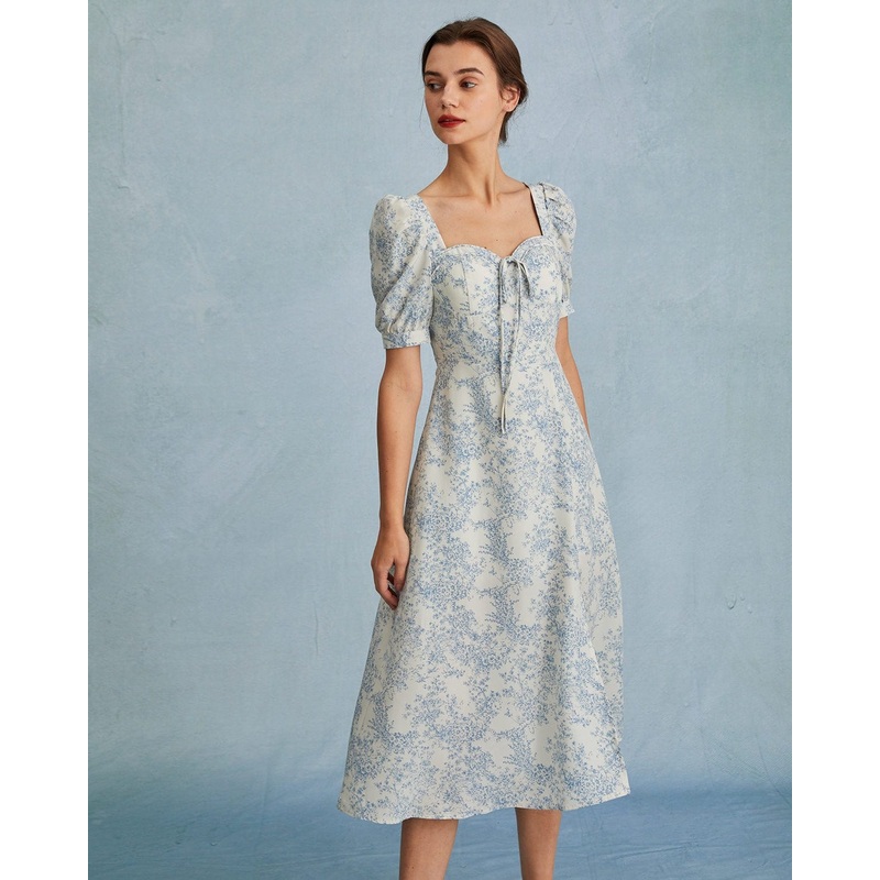 The Blue Sweetheart Neck Puff Sleeve Floral Midi Dress
