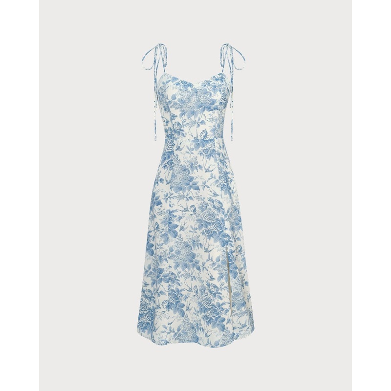 The Blue Sweetheart Neck Shirred Midi Dress
