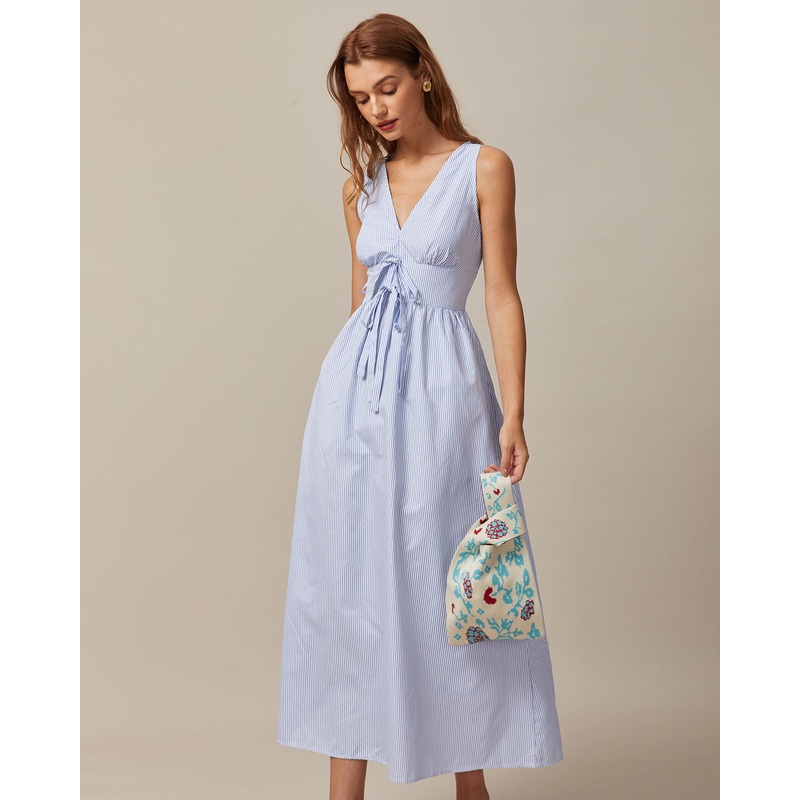 The Blue V Neck Shirred Striped Maxi Dress