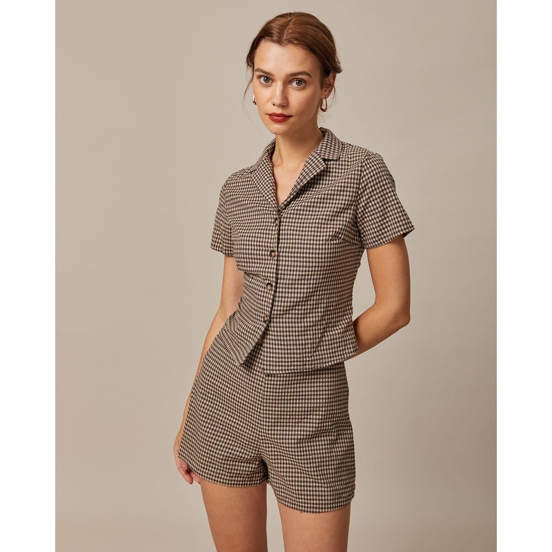The Brown Lapel Plaid Short Sleeve Blouse