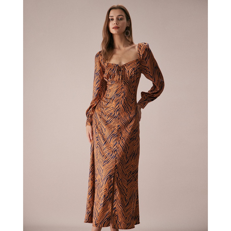 The Brown Sweetheart Neck Zebra Maxi Dress