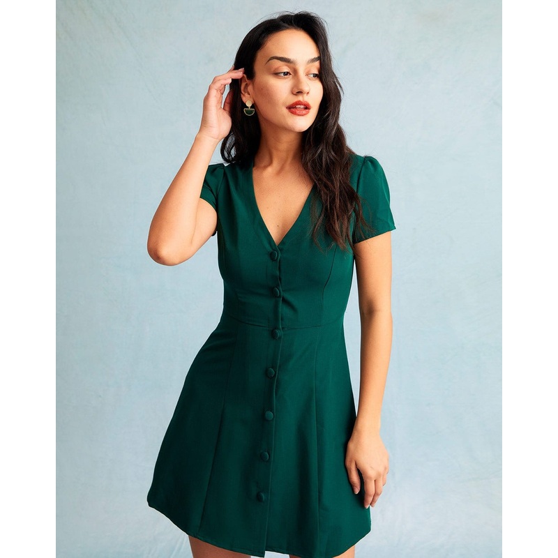 The Dark Green V Neck Button-up Shirt Mini Dress