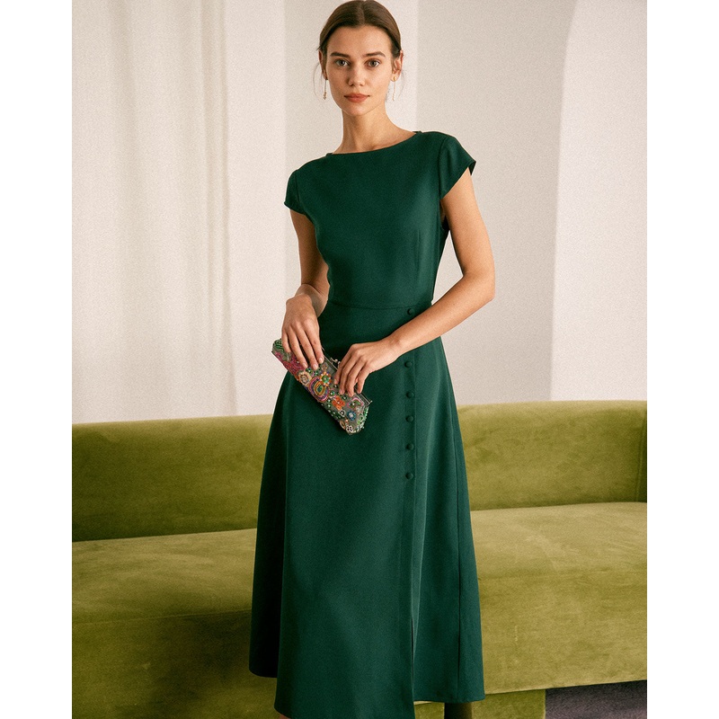 The Green Boat Neck Cutout Back Midi Dress
