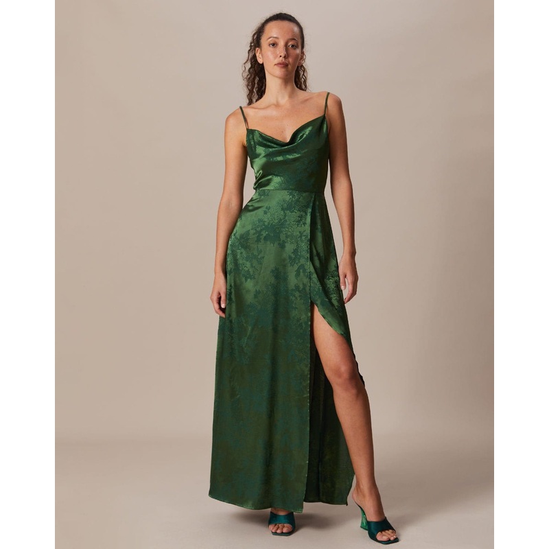 The Green Cowl Neck Jacquard Satin Maxi Dress