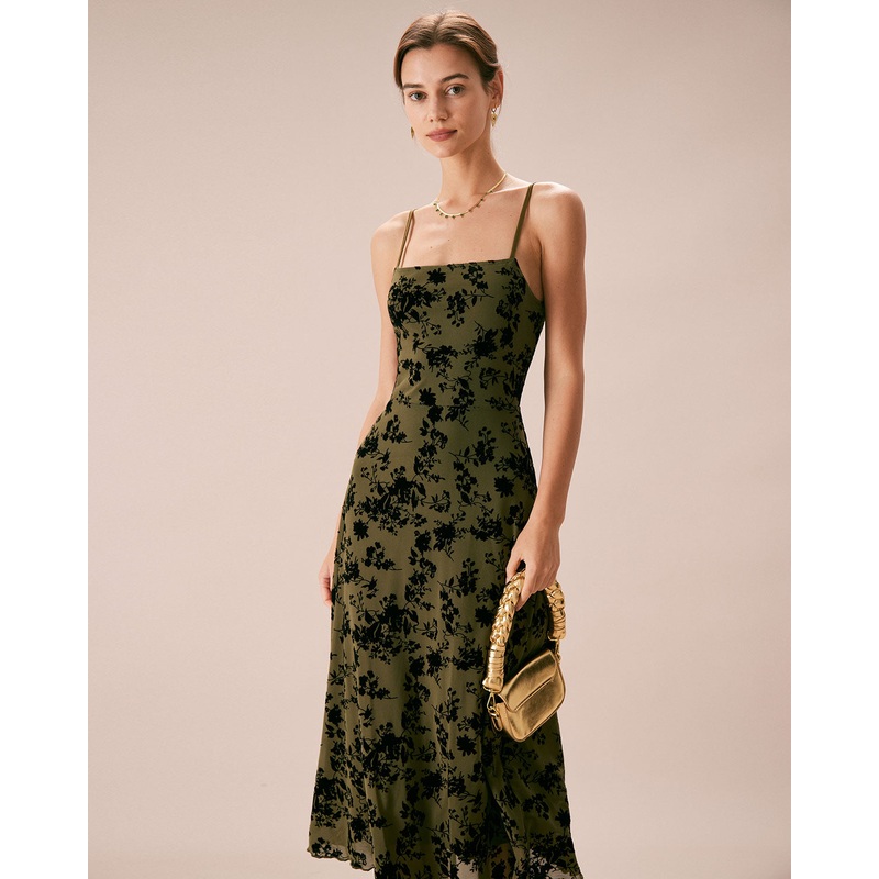 The Green Floral Burnout A-Line Slip Midi Dress