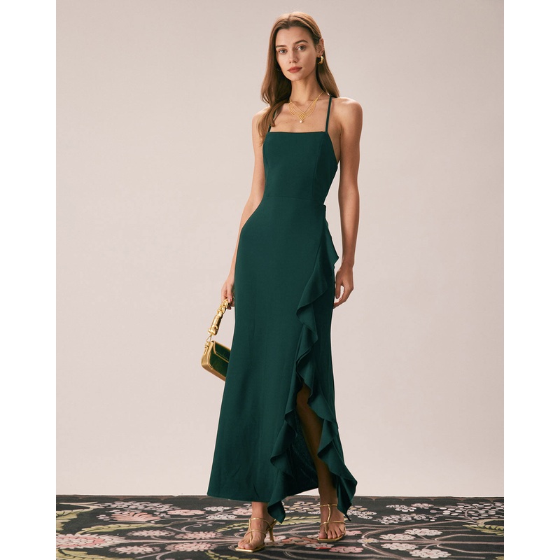 The Green Ruffle Cross Back Strap Maxi Dress