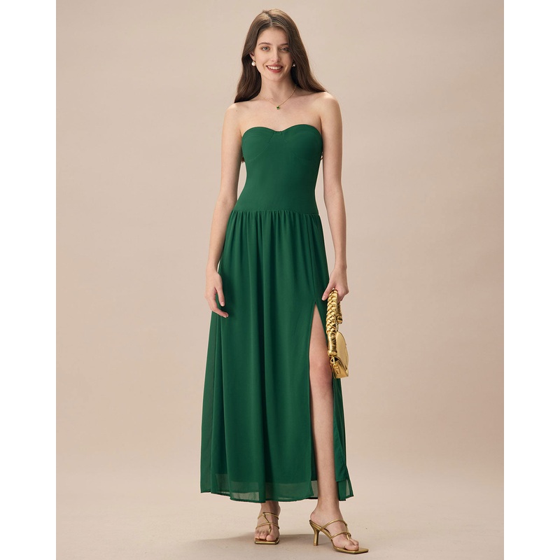 The Green Sweetheart Neck Ruched Maxi Dress