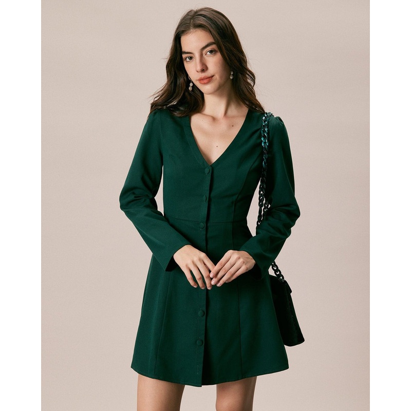 The Green V Neck Button Shirt Mini Dress