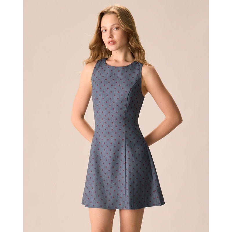 The Grey Round Neck Polka Dot Mini Dress