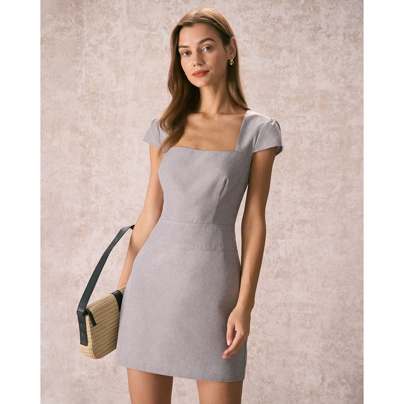 The Grey Square Neck Cap Sleeve Mini Dress